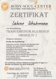 Zertifikat Ausbildung Trancemedium und Tranceheilung Modul4