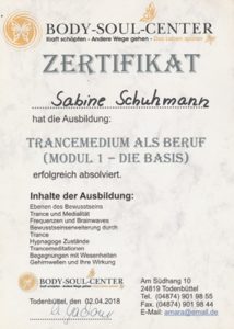 Zertifikat Ausbildung zum Trancemedium und Tranceheilung