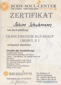 Zertifikat Ausbildung zum Trancemedium und Trance Heilung Modul 2