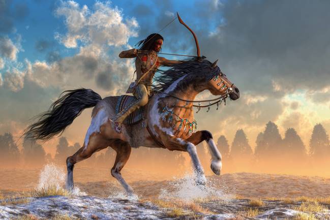 An American Indian of the western plains draws his bow as his horse gallops over hills kicking up a spray of snow. The Native American man wears leggings, moccasins, and war paint. 3D Rendering Indianer Channeling - Botschaften der großen Häuptlinge