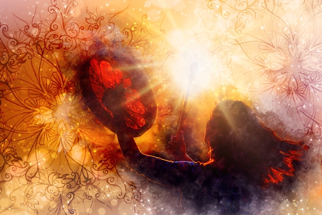 shamanic girl with frame drum on abstract structured background. Was kannst Du von einer schamanischen Reise erwarten